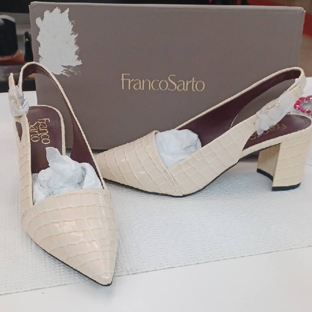 Franco Sarto Cream Croc-Embossed Slingback Heels NEW! Stylish with box